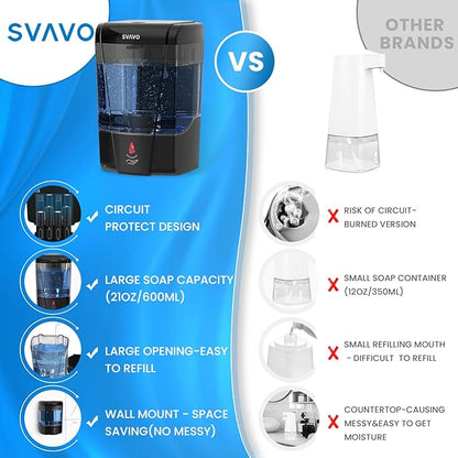 SVAVO Automatic Soap Dispenser Hand Soap Dispenser Wall Mount 600m/21 fl.oz, Touchless Electric Sensor Pump Battery Operated for Offices Home Kitchen Bathroom Hotel Restaurant Commercial