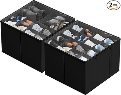 SUOCO 2 Pack Shoe Organizer for Closet, Fits up to 32 Pairs, Small Space Shoe Storage Boxes Bins Containers w/Adjustable Dividers and Clear Top, Black