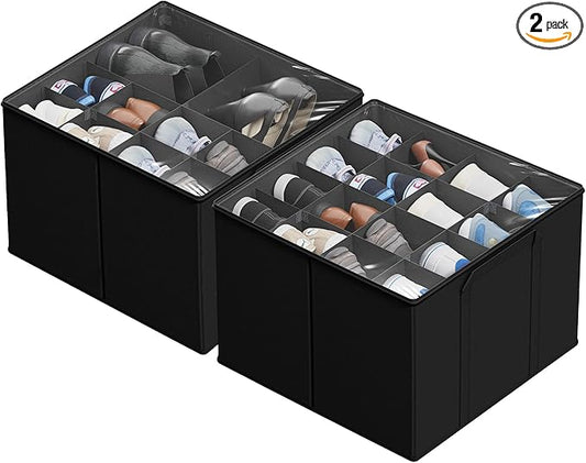SUOCO 2 Pack Shoe Organizer for Closet, Fits up to 32 Pairs, Small Space Shoe Storage Boxes Bins Containers w/Adjustable Dividers and Clear Top, Black
