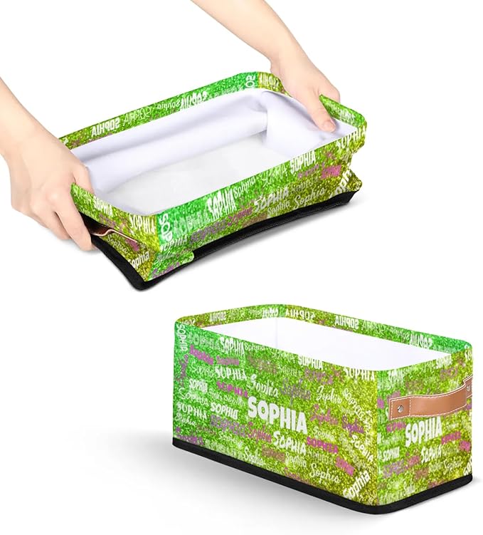 Personalized Small Storage Basket with Name, Countertop Toilet Paper Basket, Entryway Organizing Keys Books Toys Towels, Desk Shelf Makeup Organization, Bright Shiny Lime Green Sequins
