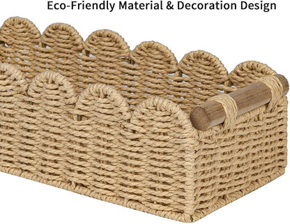CubesLand Scalloped Edge Toilet Paper Storage Basket, Living Room Home Cozy Decor Basket, Paper Rope Small Baskets for Over Toilet Storage Shelf, End Table, Shelves, with 2 Wooden Handles, Beige