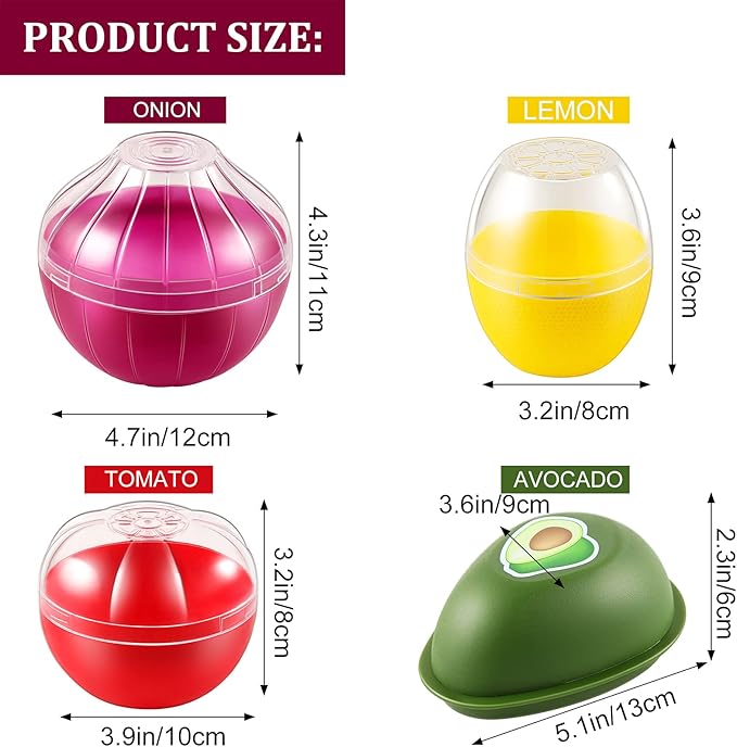 Vegetable and Fruit Storage Containers for Fridge, 4 Pcs BPA Free Reusable Food Saver - Tomato, Avocado, Onion, Lemon Keeper Holder - Refrigerator Vegetable Crisper for Keeping Food Fresh Longer