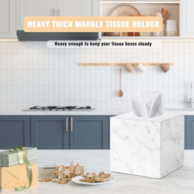 N NANSHOP Natural Marble Tissue Box Holder Cover, Square Cube Tissue Box Holder with Open Bottom for Bathroom Vanity Tops, Bedroom Dressers, Kitchen Countertop, White Tissue Box(NS021)