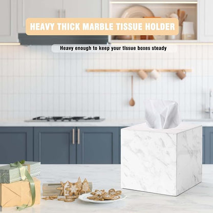 N NANSHOP Natural Marble Tissue Box Holder Cover, Square Cube Tissue Box Holder with Open Bottom for Bathroom Vanity Tops, Bedroom Dressers, Kitchen Countertop, White Tissue Box(NS021)