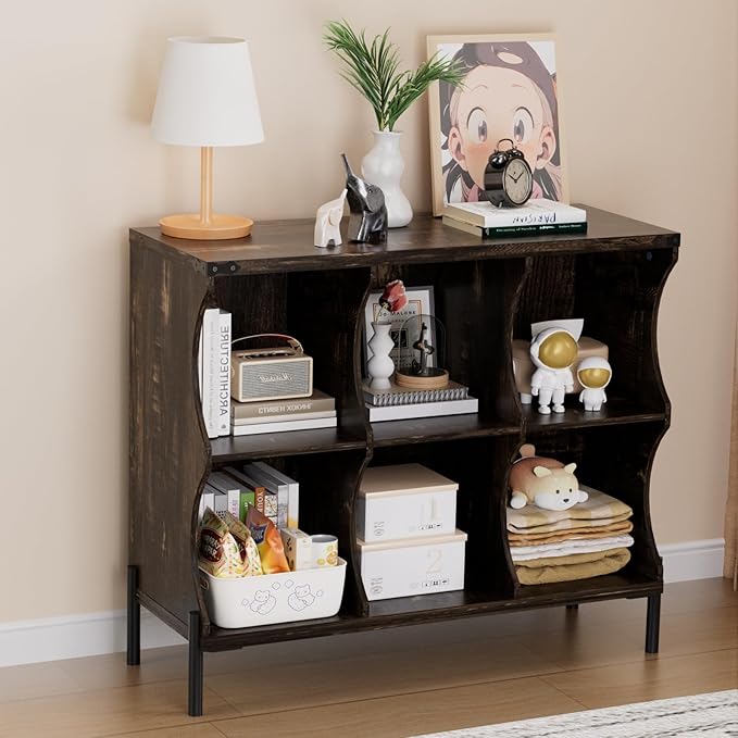 6 Cube Book Shelf, Low and Short Bookshelf, Long Cube Storage Organizer Wood TV Stand, Toy Organization DVD Cabinets for Living Room, Office, Bedroom, Dorm, Dark Brown with Dark Brown Top