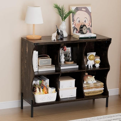 6 Cube Book Shelf, Low and Short Bookshelf, Long Cube Storage Organizer Wood TV Stand, Toy Organization DVD Cabinets for Living Room, Office, Bedroom, Dorm, Dark Brown with Dark Brown Top