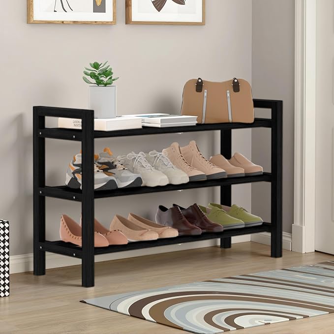 Haddockway Bamboo Shoe Rack for Closet, Free Standing Shoe Organizer with Smooth Round Rods & Convenient Handles, Stackable Shoe Storage Shelf for Entryway, Hallway(Black, 3-Tier)