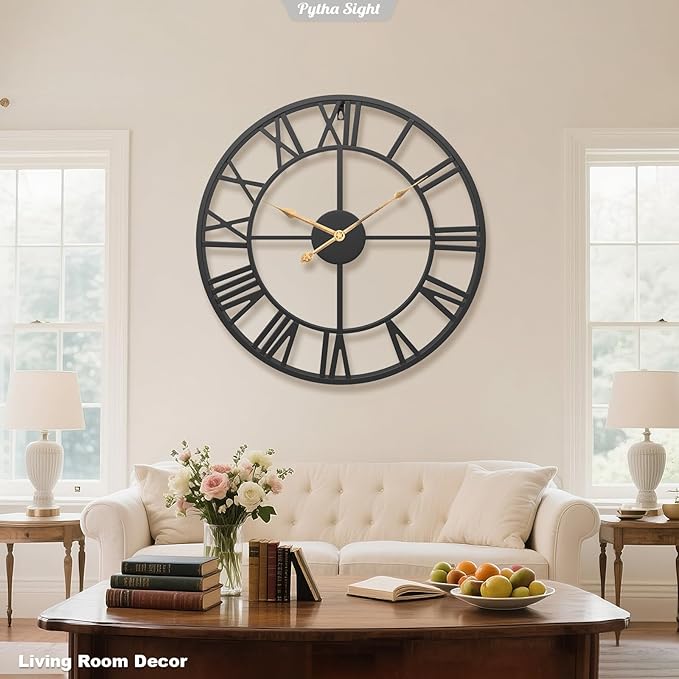 Pytha Sight 29.5 Inch Extra Giant Large Wall Clock,Oversized Modern Decorative Black Metal Roman Numeral Wall Clocks for Living Room,Kitchen Decor,Perfect Housewarming Gifts for a New Home