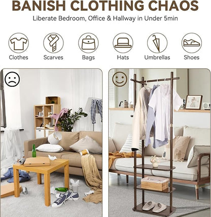 Wood Coat Rack Freestanding Clothing Rack with 3 Storage Shelves and 5 Hooks Coat Tree Heavy-Duty Garment Rack for Corner Entryways Living Rooms and Bedrooms, Walnut