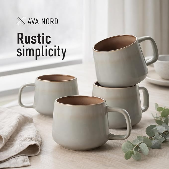 Ava Nord Small Ceramic Coffee Mugs Set of 4 | 8 oz Stoneware Coffee Cups | Lead-Free, Non-Toxic | Microwave & Dishwasher Safe | Comfortable Handle | Aesthetic Nordic Design for Cappuccino | Sage Ash