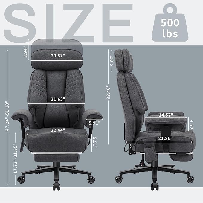 HOFFREE Big and Tall Office Chair 500lbs for Heavy People Executive Office Desk Chair with Wide Seat High Back Computer Chair with Adjustable Lumbar Support Grey Fabric