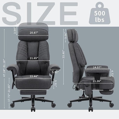 HOFFREE Big and Tall Office Chair 500lbs for Heavy People Executive Office Desk Chair with Wide Seat High Back Computer Chair with Adjustable Lumbar Support Grey Fabric