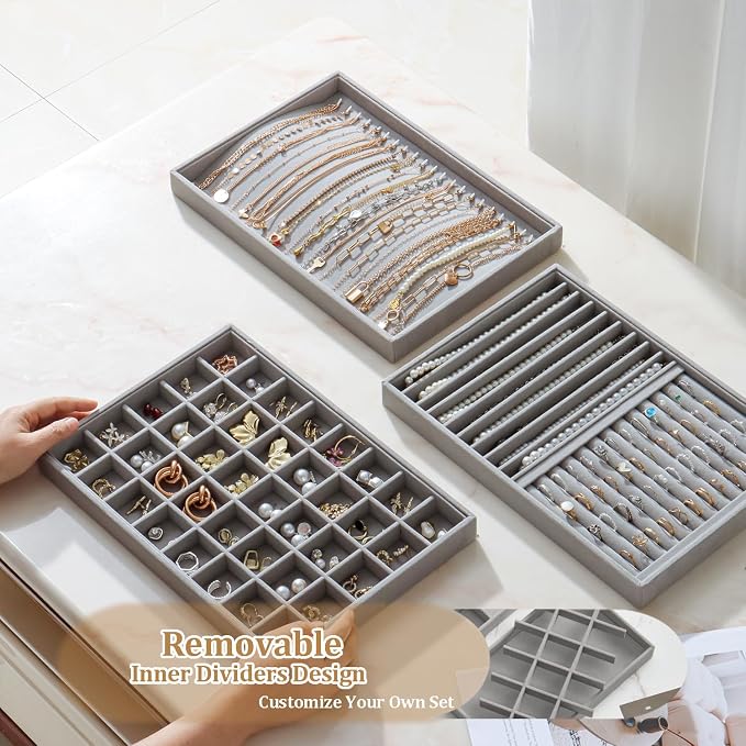Large Velvet Jewelry Tray 2 Pack Stackable Jewelry Display Drawer Inserts Trays Organizer for Earring Bracelet Necklace Ring (Gray, 40 Grids)