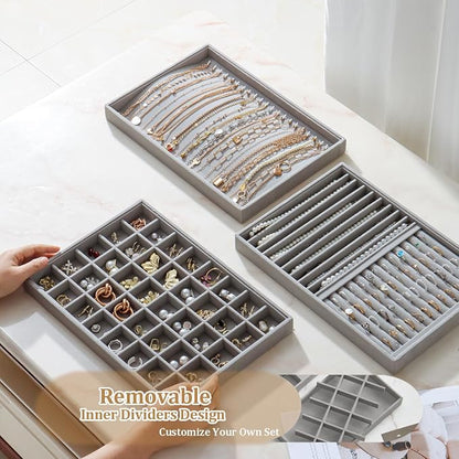 Large Velvet Jewelry Tray 2 Pack Stackable Jewelry Display Drawer Inserts Trays Organizer for Earring Bracelet Necklace Ring (Gray, 40 Grids)