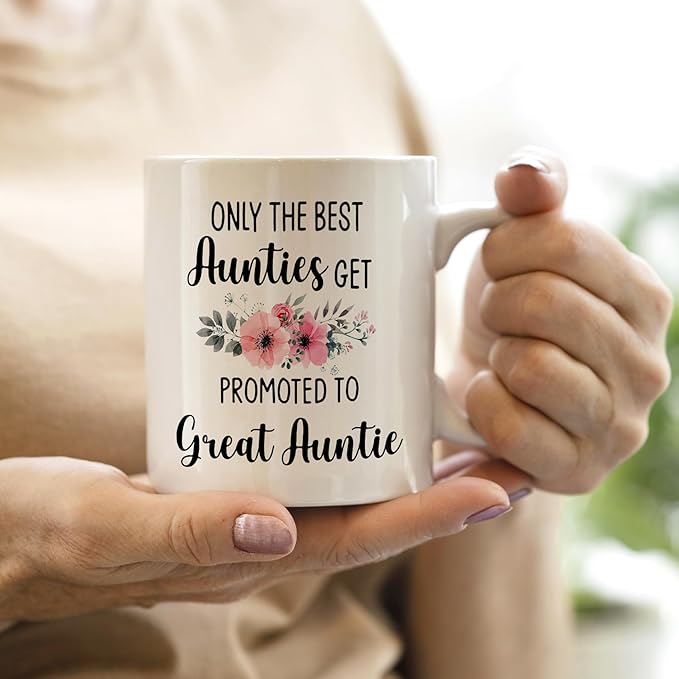 QASHWEY Great Auntie Gifts Mug, Great Auntie to Be Gift Coffee Mug, Pregnancy Announcement Gifts for Aunties New GreatAuntie, the Best Aunties Get Promoted to GreatAuntie CoffeeCup Ceramic 11oz
