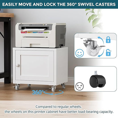 Small Printer Stand with Storage, Home Office Printer Table for Small Spaces, Under-Desk 3D Printer Stand with Wheels, for Office Copier and Fax Machine, White