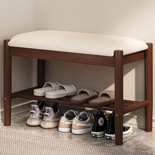 Solid Wood Shoe Bench with Cushion, 2-Tier Shoe Rack for Front Door Entrance, Enterway Benches with Shoe Storage (Walnut, 39.4in)
