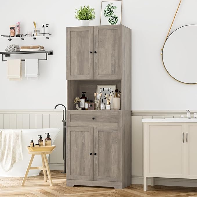 Tall Bathroom Storage Cabinets with Drawer, Farmhouse Linen Cabinet with Doors & Shelves, 67” Tall Storage Cabinet Freestanding for Bathroom, Dining Room, Kitchen, Pantry, Laundry, Narrow Corner,Brown