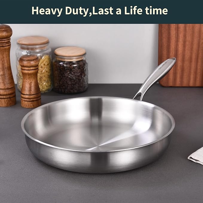 DELARLO Triply Stainless Steel Pan 8 Inch Frying pan, Induction Skillet Compatible Up to 600℉, Fast and Even Heat, Oven Broiler Safe, Small Skillet, Omelette, Small Pan for Eggs, Steak, Bacon