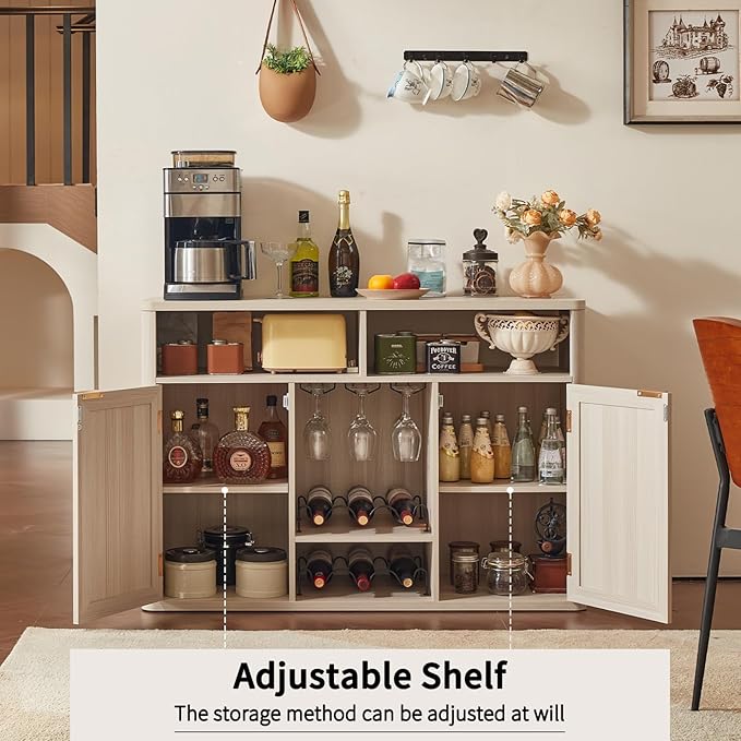Lerliuo Rattan Wine Cabinet with 2 Doors, Boho Liquor Cabinet with Wine Racks, Farmhouse Coffee Bar Station for Living Room, Dining Room, Kitchen, Grey White