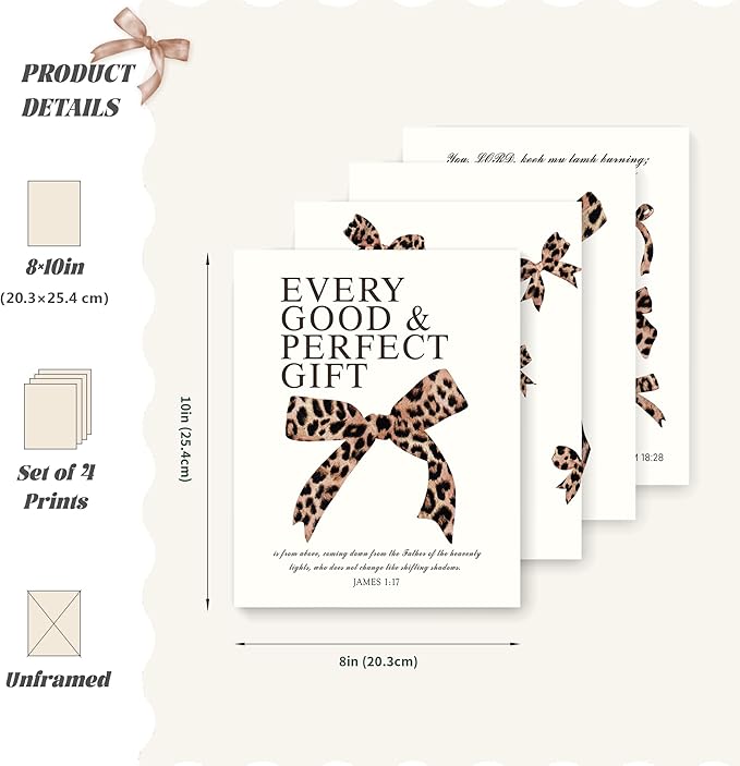 LARTSFRO Coquette Leopard Bow Wall Art Decor Posters, Y2K Cheetah Leopard Bow Room Bedroom Bathroom Dorm Wall Art Decor Aesthetic for College Teen Girls Gifts, Inspirational Bible Verses Bow Wall Decor, 10x8 Inch Set of 4 Pcs Cheetah Bow Pictures (UNFR...