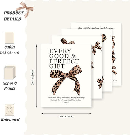 LARTSFRO Coquette Leopard Bow Wall Art Decor Posters, Y2K Cheetah Leopard Bow Room Bedroom Bathroom Dorm Wall Art Decor Aesthetic for College Teen Girls Gifts, Inspirational Bible Verses Bow Wall Decor, 10x8 Inch Set of 4 Pcs Cheetah Bow Pictures (UNFR...