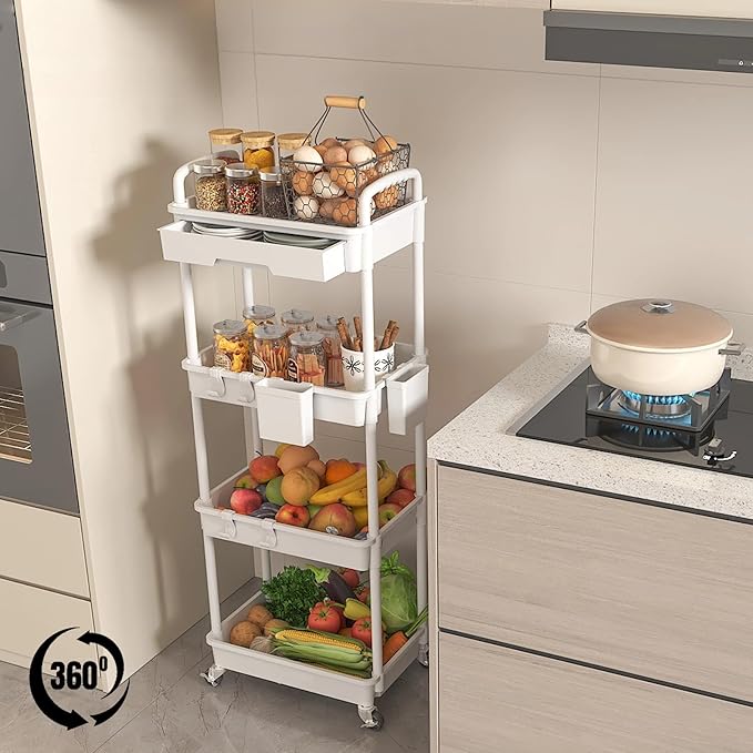 LLMRR 4 Tier Rolling Utility Cart with Drawer, Plastic Storage Organizer Rolling Carts with Wheels Handles Hanging Cups Hooks for Office, Bathroom, Kitchen,Craft Art Room (White)