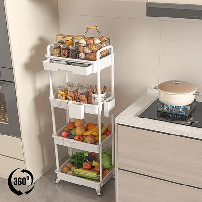 LLMRR 4 Tier Rolling Utility Cart with Drawer, Plastic Storage Organizer Rolling Carts with Wheels Handles Hanging Cups Hooks for Office, Bathroom, Kitchen,Craft Art Room (White)