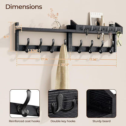 Evermagin 35" Coat Rack Wall Mount with Shelf, 4 in 1 Coat and Key Hanger with 13 Metal Hooks, Entryway Wall Mounted Shelf with Mail Holder for Living Room, Bedroom, Black