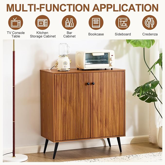 EROMMY Fluted Sideboard Buffet Cabinet, Wooden Storage Cabinet with Adjustable Shelf, Multifunctional Accent Cabinet with Adjustable Shelves for Living Room, Dining Room, Entry, Hallway, Walnut