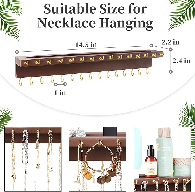 YYILIS Necklace Holder, Upgraded Extra Large Wall Necklace Organizer with 30 Hooks Wall Mounted Necklace Hanger with Jewelry Tray/Cosmetics Shelf Rustic Pine Wood Holder (Walnut)
