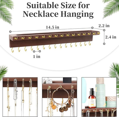 YYILIS Necklace Holder, Upgraded Extra Large Wall Necklace Organizer with 30 Hooks Wall Mounted Necklace Hanger with Jewelry Tray/Cosmetics Shelf Rustic Pine Wood Holder (Walnut)