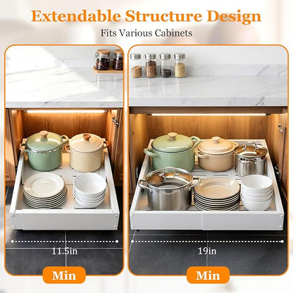 Pull Out Cabinet Organizer for Kitchen,Full Expandable Width 12"-19" Depth 16"-22" Cabinet Drawers Slide Out No Drill Adhesive,Cabinet Pull Out Shelves for Kitchen Pots Pans Spices 2Pack