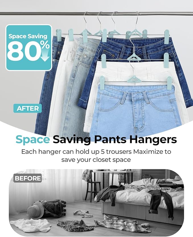 Pant Skirt Hangers with Clips 30 Pack - Space Saving Stackable Shorts Hangers with Clips - Non-Slip, Adjustable for Women, Kids, Men, Children, Blue