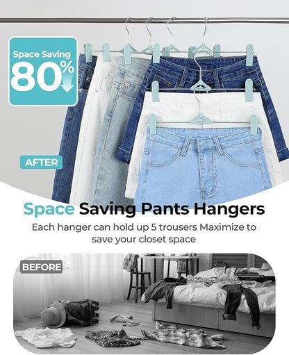 Pant Skirt Hangers with Clips 30 Pack - Space Saving Stackable Shorts Hangers with Clips - Non-Slip, Adjustable for Women, Kids, Men, Children, Blue
