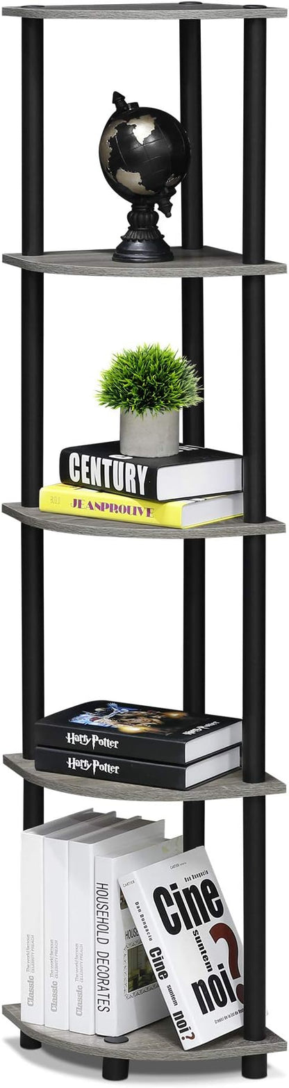 Furinno TURN-N-TUBE Corner Shelf, 5-Tier Corner Bookshelf, Open Storage Shelves, for Organization and Storage, Living Room, Home Office, Garage, Bedroom, French Oak
