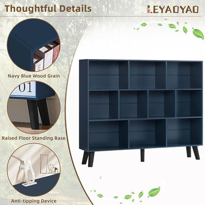LEYAOYAO 10 Cube Bookshelf, 3 Tier Vintage 55" Wide Bookcase with Legs, Mid-Century Wood Bookshelves Storage, Dark Blue Large Book Case, Freestanding Organizer Display Shelf for Living Room, Office