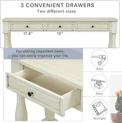 Knocbel 64 Inch Long Antique Entry Console Table with Drawers & Bottom Open Shelf, Solid Wood Sofa Couch Table for Entryway Hallway Living Room (Antique White)