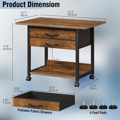 VENNQD Large Printer Stand with Storage Fabric Drawer Under Desk Printer Table with Wheels for Home Office, Printer Cart fit Fax Machine Scanner 23.4"x15.7"(Rustic Brown, 2 Tiers)