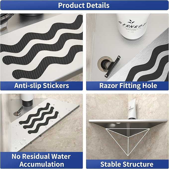 10'' Corner Foot Rest for Shaving Legs, 304 Stainless Steel Grout in Footrest with Shaving Holder, Recessed Designed Foot Ledge for Bathroom Shower (Brushed)