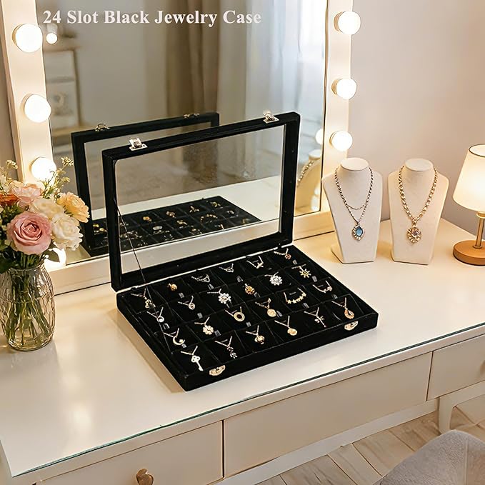 Jewelry Box Necklace Organizer Tray, Black Necklace Display Case Storage Jewelry Necklaces Display Stand 24 Slot Pendant Holder for Women