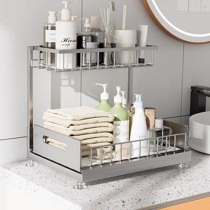 Under Sink Organizer Storage 2-Tier Premium Metal Pull-Out Kitchen Cabinet Organizer with Sliding Drawer, Height Adjustable, Heavy Duty for Kitchen & Bathroom Organizers 1 Pack Grey