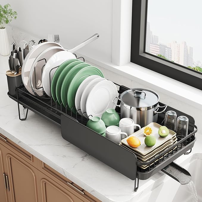 SNTD Large Dish Drying Rack - Expandable (19.3" to 29.4") Dish Rack for Kitchen Counter, Stainless Steel Dish Drainer with Utensil Holder, Pan Holder & Pot Lid Holder (Black)