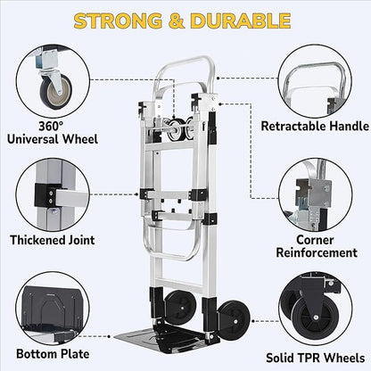 Upgraded 3 in 1 Aluminum Folding Hand Truck, 600lbs Capacity, Heavy Duty Convertible Dolly with Retractable Handle and 4 Rubber Wheels, Collapsible Cart for Moving Home, Office, Warehouse (Black)