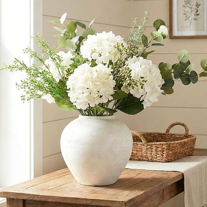 Large White Vase for Centerpieces - 11" Wide Textured Stone Look Metal Flower Vase for Table Decor - Rustic Farmhouse Vases for Living Room Dining Room Home Decor