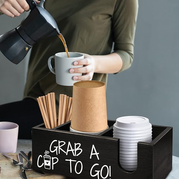 Coffee Station Organizer for Cup and lid Storage Box, Farmhouse Wood Coffee Bar Accessories Disposable Cup Holder for Counter Decor - Black