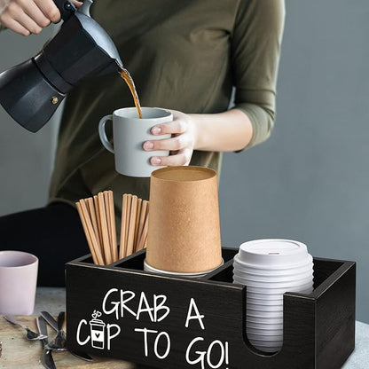 Coffee Station Organizer for Cup and lid Storage Box, Farmhouse Wood Coffee Bar Accessories Disposable Cup Holder for Counter Decor - Black