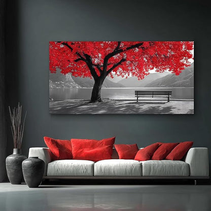 Tarfupth Black and White Red Large Tree of Life Wall Art for Living Room Mountain Artwork Landscape Lake Pictures for Bedroom Office Home Decor Modern Canvas Prints 29"x58"