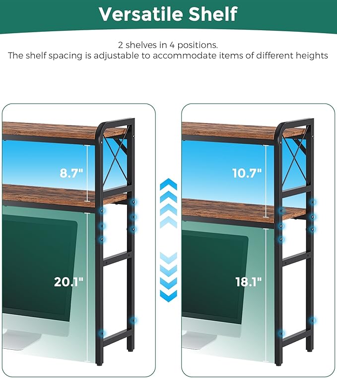 Desktop Shelves, Monitor Stand with Adjustable Shelves and Side Pockets, 2-Tier Desktop Bookshelf Organizer, Large Capacity Display Shelf Rack, Desk Hutch for Home Office, Rustic Brown