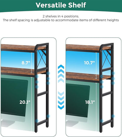 Desktop Shelves, Monitor Stand with Adjustable Shelves and Side Pockets, 2-Tier Desktop Bookshelf Organizer, Large Capacity Display Shelf Rack, Desk Hutch for Home Office, Rustic Brown